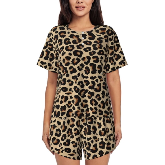Lafuoo Leopard Print-1 Pattern Women's Round Neck Short Sleeve Pajamas Set, Button Pajamas Elastic Band Pajamas Home Wear-4X-Large