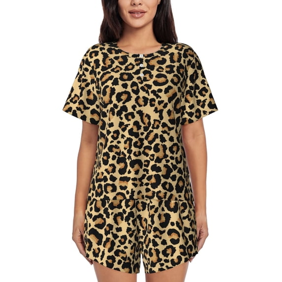 Lafuoo Leopard Print Pattern Women's Round Neck Short Sleeve Pajamas Set, Button Pajamas Elastic Band Pajamas Home Wear-4X-Large