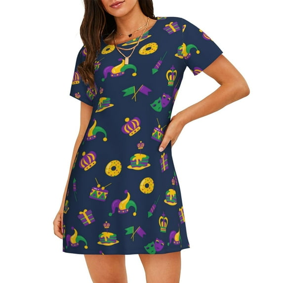 Lafuoo Mardi Gras Carnival Pattern Women's Short-sleeved Nightdress, Knee-length Pullover Nightgown, Summer Home Wear-XX-Large