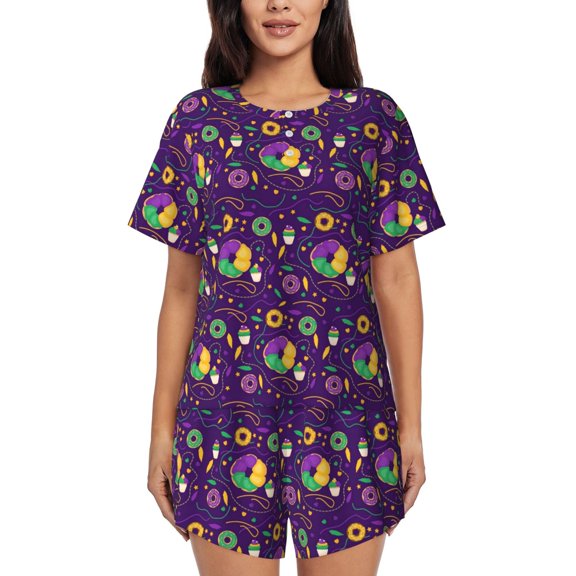 Lafuoo Mardi Gras and Donuts Pattern Women's Round Neck Short Sleeve Pajamas Set, Button Pajamas Elastic Band Pajamas Home Wear-3X-Large
