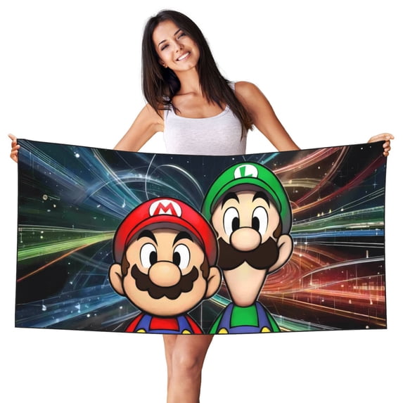 Lafuoo Mario Pattern Silver Fox Fleece Beach Towel 27.5x55in, Absorbent Swimming Beach Towel, Unisex-One Size