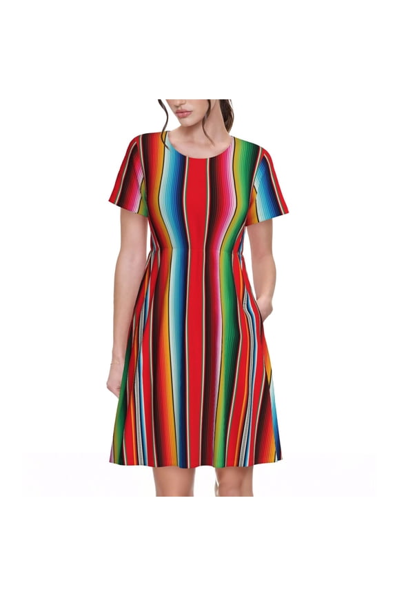 Mexican Serape Blanket Stripes Pattern Women's Short Sleeve Dress, Elastic Waist with Pockets, Knee-length A-line Skirt, Summer Casual Wear-Medium