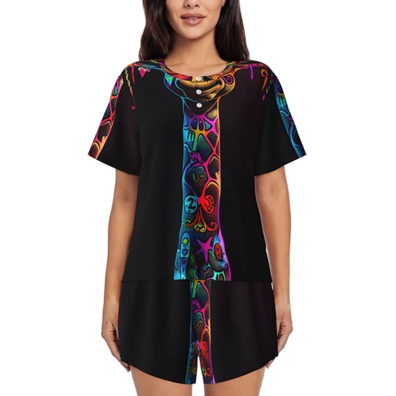 Lafuoo Neon Psychedelic Giraffe Pattern Women's Round Neck Short Sleeve Pajamas Set, Button Pajamas Elastic Band Pajamas Home Wear-Large