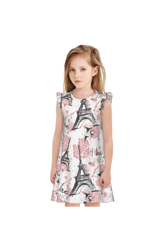 Paris Pattern Girls' Small Flying Sleeve Nightdress, Suitable for Girls' Round Neck Pajamas and Robes-Small