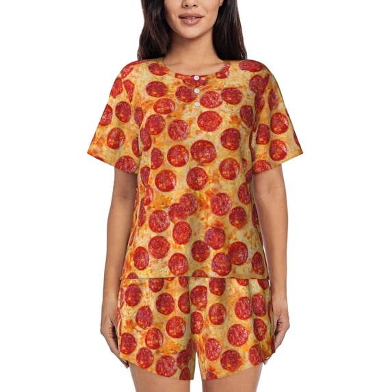 Lafuoo Pizza Pattern Women's Round Neck Short Sleeve Pajamas Set, Button Pajamas Elastic Band Pajamas Home Wear-X-Large
