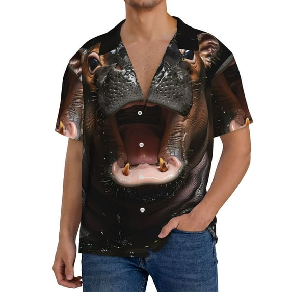 Lafuoo Playful Baby Hippo Splash Pattern Men's Cuban Collar Short Sleeve Shirt, Button-Down Resort Beach Pocket Shirt-Large