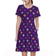 thumbnail image 1 of Lafuoo Purple Mardi Gras Pattern Women's Short Sleeve Dress, Elastic Waist with Pockets, Knee-length A-line Skirt, Summer Casual Wear-3X-Large, 1 of 8