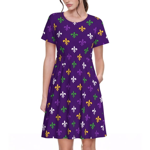 Lafuoo Purple Mardi Gras Pattern Women's Short Sleeve Dress, Elastic Waist with Pockets, Knee-length A-line Skirt, Summer Casual Wear-3X-Large