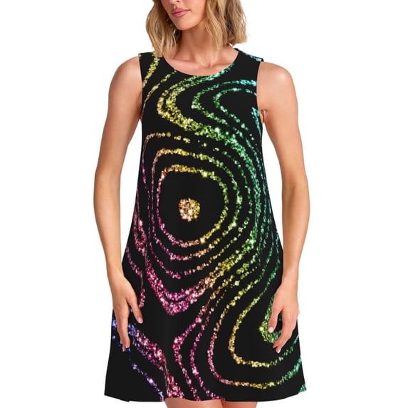 Lafuoo Rainbow Glitter Pattern Women's Sleeveless Dress, Round Tie Pocket Short Sleeve Dress Summer Clothing, Suitable for Vacation, Leisure, Work-3X-Large