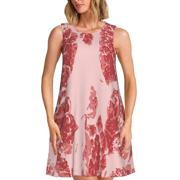 Lafuoo Red Meat Pattern Women's Sleeveless Dress, Round Tie Pocket Short Sleeve Dress Summer Clothing, Suitable for Vacation, Leisure, Work-Medium