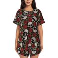 thumbnail image 1 of Lafuoo Red Rose Skull Pattern Women's Round Neck Short Sleeve Pajamas Set, Button Pajamas Elastic Band Pajamas Home Wear-Small, 1 of 9