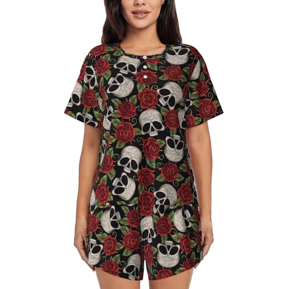Lafuoo Red Rose Skull Pattern Women's Round Neck Short Sleeve Pajamas Set, Button Pajamas Elastic Band Pajamas Home Wear-Small