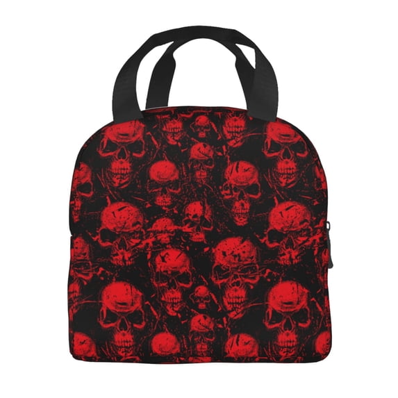 Lafuoo Red Skulls Pattern Portable Aluminum Foil Thickened Insulation Lunch Bag, Waterproof Zipper Lunch Bag Suitable for Men and Women-One Size