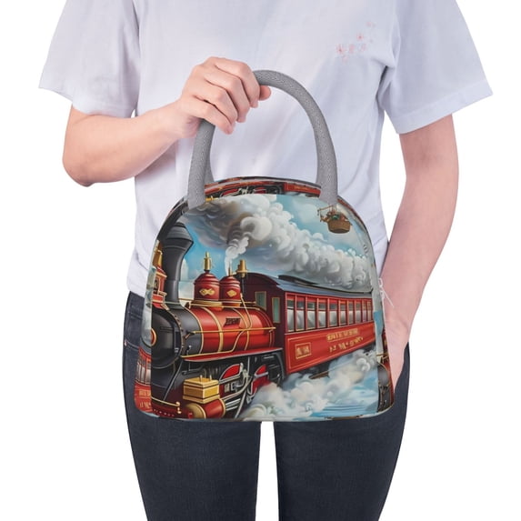 Lafuoo Red Train Hot Air Balloon Pattern Large Portable Insulated Lunch Bag, Waterproof Zipper Insulated Lunch Bag for Men and Women-One Size