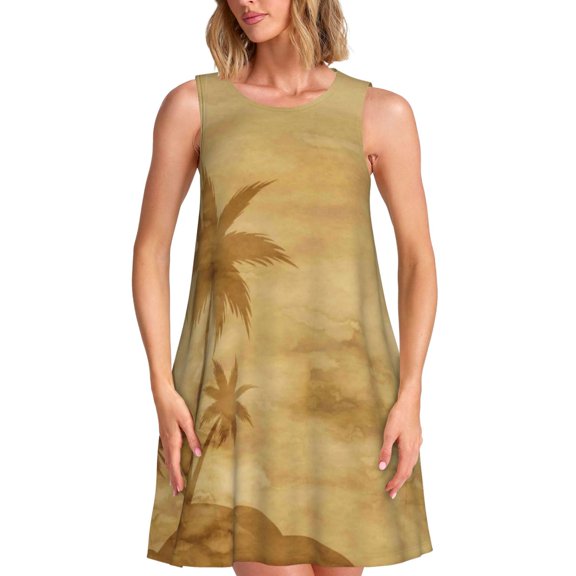 Lafuoo Retro Palm Tree Pattern Women's Sleeveless Dress, Round Tie Pocket Short Sleeve Dress Summer Clothing, Suitable for Vacation, Leisure, Work-Medium