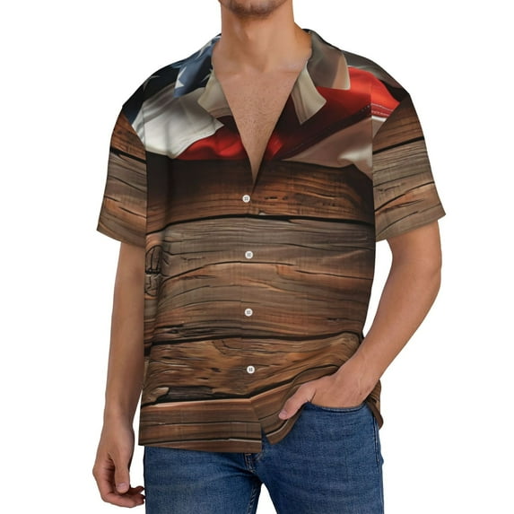 Lafuoo Rustic American Flag Wood Pattern Men's Cuban Collar Short Sleeve Shirt, Button-Down Resort Beach Pocket Shirt-XX-Large