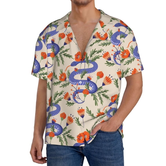 Lafuoo Snake Pattern Men's Cuban Collar Short Sleeve Shirt, Button-Down Resort Beach Pocket Shirt-X-Large