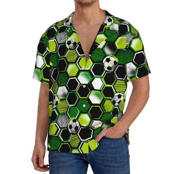 Lafuoo Soccer1 Pattern Men's Cuban Collar Short Sleeve Shirt, Button-Down Resort Beach Pocket Shirt-XX-Large