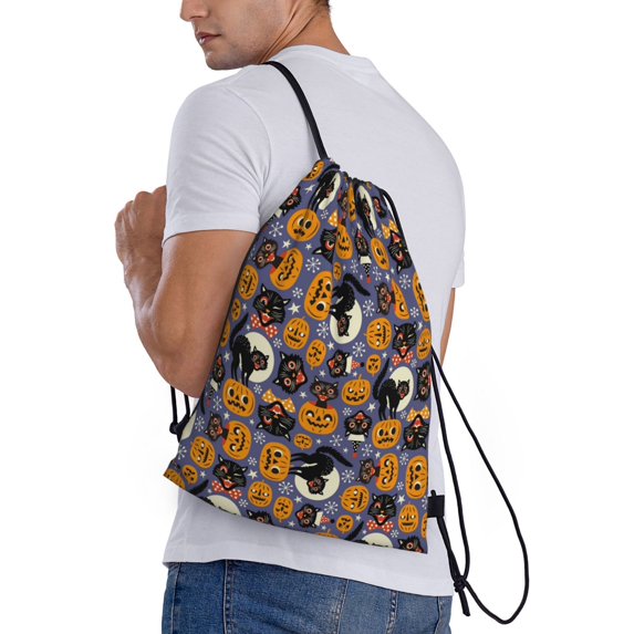 Lafuoo Spooky Cats And Halloween Pumpkins Pattern Drawstring Pocket, Adjustable Shoulder Strap Storage Bag Suitable for Men and Women-Small