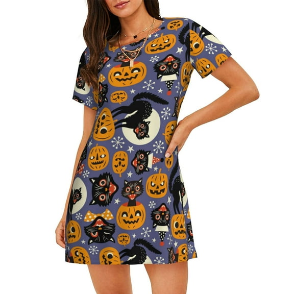 Lafuoo Spooky Cats And Halloween Pumpkins Pattern Women's Short-sleeved Nightdress, Knee-length Pullover Nightgown, Summer Home Wear-Small