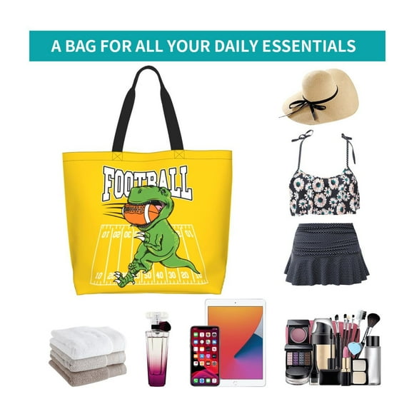 Lafuoo T-Rex Playing Football Pattern Single-Shoulder Shopping Bag, Hand-Held Storage Bag Suitable for Work and School, Unisex-One Size