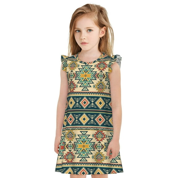 Lafuoo Traditional Tribal Aztec1 Pattern Girls' Small Flying Sleeve Nightdress, Suitable for Girls' Round Neck Pajamas and Robes-Small