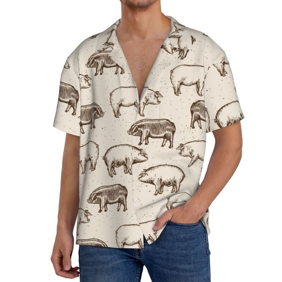 Lafuoo Vintage Farm Pigs Pattern Men's Cuban Collar Short Sleeve Shirt, Button-Down Resort Beach Pocket Shirt-XX-Large