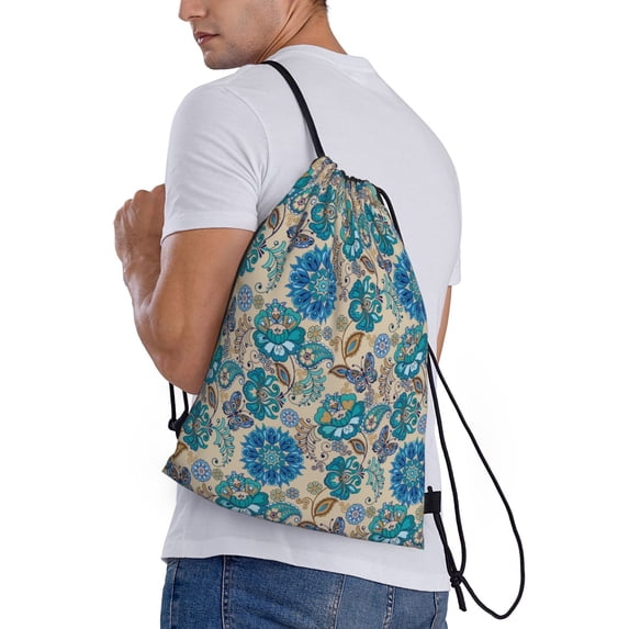 Lafuoo Vintage Floral Butterflies Pattern Drawstring Pocket, Adjustable Shoulder Strap Storage Bag Suitable for Men and Women-Medium