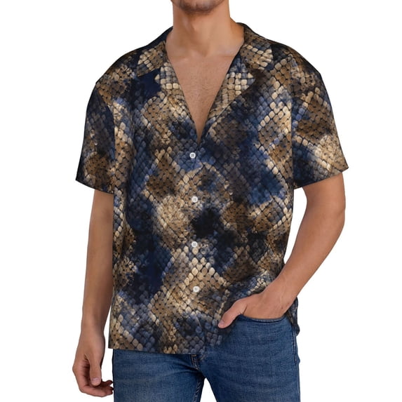 Lafuoo Watercolor Snake Skin Pattern Men's Cuban Collar Short Sleeve Shirt, Button-Down Resort Beach Pocket Shirt-Small