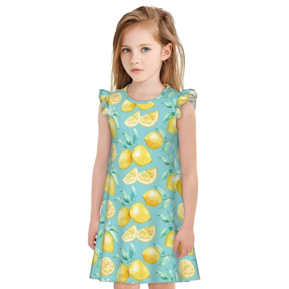 Lafuoo Yellow Lemon Pattern Girls' Small Flying Sleeve Nightdress, Suitable for Girls' Round Neck Pajamas and Robes-Small