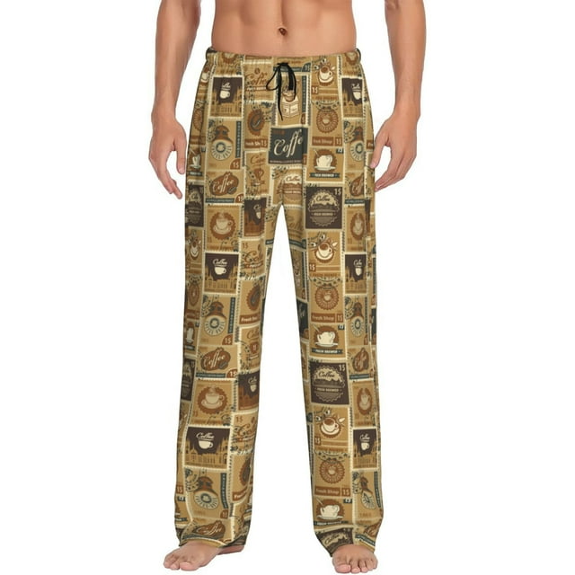 Lafuoo coffee Stamps Pattern Men's Pajama Pants,Long Pajama Pants with