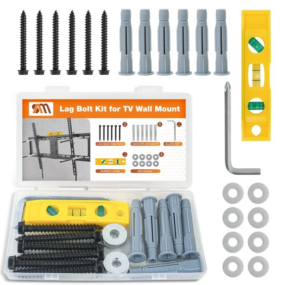 Lag Bolt Kit for TV Mounting Hardware, M8x70mm Lag Bolt and Washer | Wood Stud, Concrete and Brick Wall Compatible. Includes Anchors, Allen Key and Bubble Level for Easy Installation