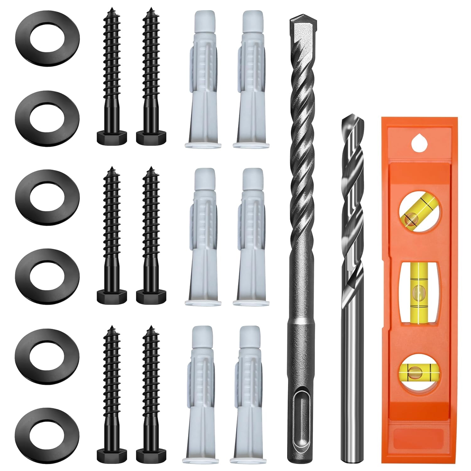 Lag Bolts for TV Wall Mount with Drill Bit, 23-Pack TV Mount Screws Kit with M8x65mm Lag Screws, Drywall Anchors, Washers, Bubble Level Hardware Kit for Wood Stud Brick Concrete