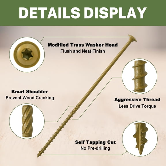 Lag Screws 8 Inch, Structural Wood Screw #14 x 8, 100-PCS, Heavy Duty, Rust Resistant Coated for Exterior Wood/Lag/Timber/Framing, Washer Head, Star Drive, T30 Bit Included, Bronze