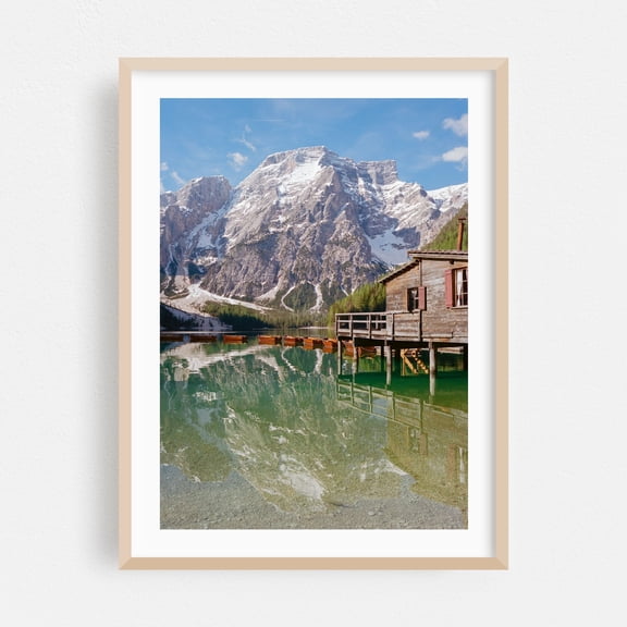 Lago di Braies Italy - Trentino-South Tyrol Italy Photography Lake Mountain Landscape Scenic Water Nature Boat Oak Framed Wall Art Print 5 x 7 inches