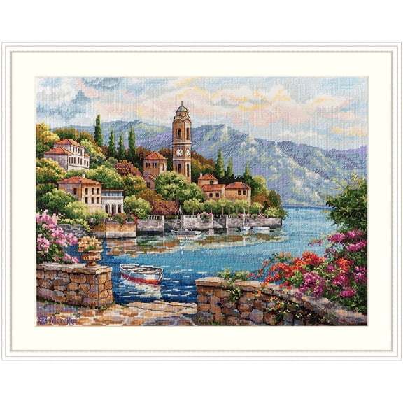 Merejka Counted Cross Stitch Kit Lago di Como Italian Lake Landscape K-175 | Zweigart Aida 16 Ecru | 40 DMC Colors | 1612 in / 4130 cm