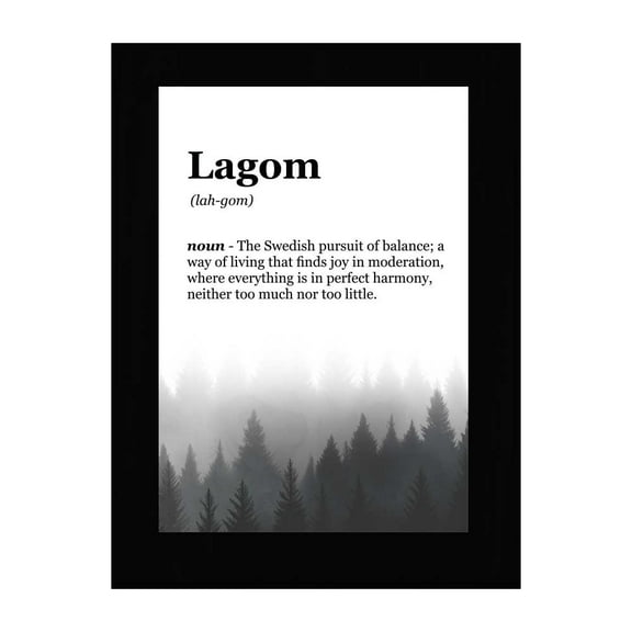 Lagom Definition, Black Frame 7x5 Decorative Wall Plaque With Easel Acrylic Stand | Elegant Forest Design | Inspirational Typographic Decoration