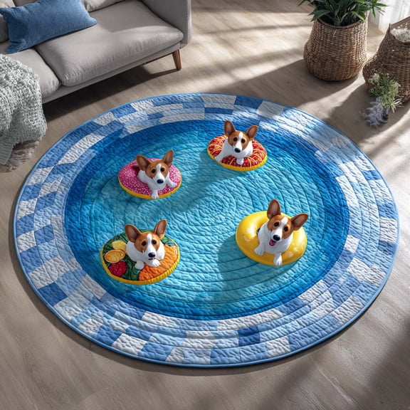 Lagoon Corgi Quilted Round Mat, 3D Optical Illusion Dog Rug, Corgi Lagoon Floor Mat, Coastal Dog Lover Decor, Indoor Outdoor Area Rug