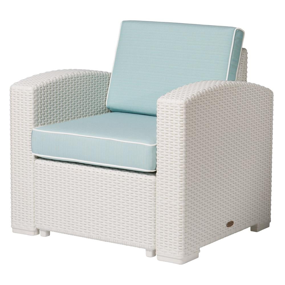 Magnolia White Rattan Club Chair with Blue Cushions