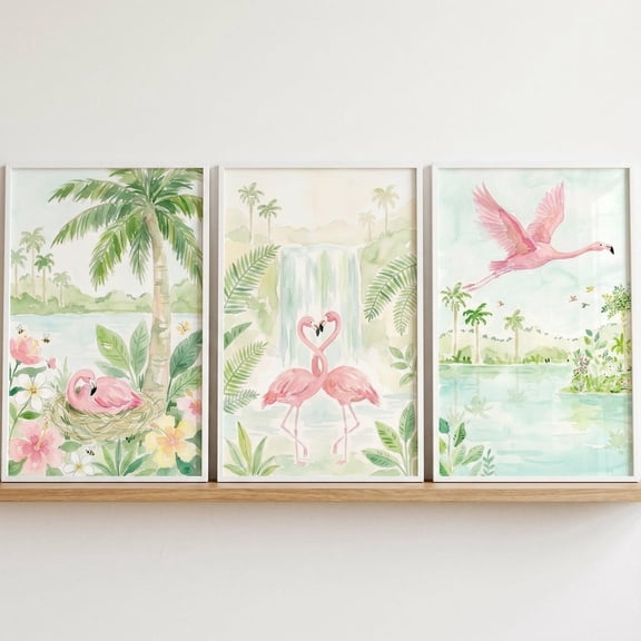 Lagoon Pink Flamingo Wall Art Set of 3 Tropical Nursery Decor Watercolor Bird Prints Jungle Botanical Wall Decor Flamingo Baby Room Art Set 3