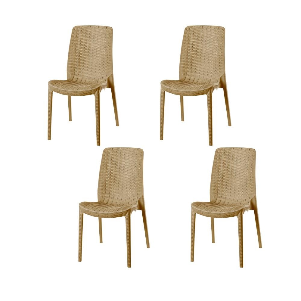 Tan Armless Rattan Outdoor Dining Chairs Set of Four