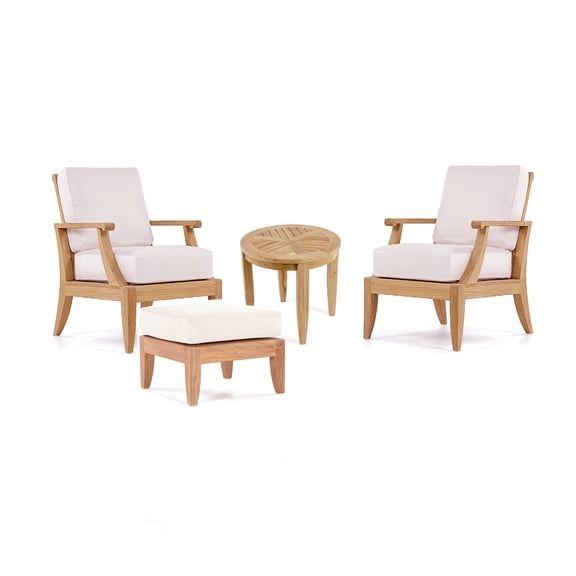 Lagos 4 Pc Lounge Chair Set: 2 Lounge Chairs, Ottoman & 22" Round Side Table With Cushions in Sunbrela Fabric #57003 Canvas White