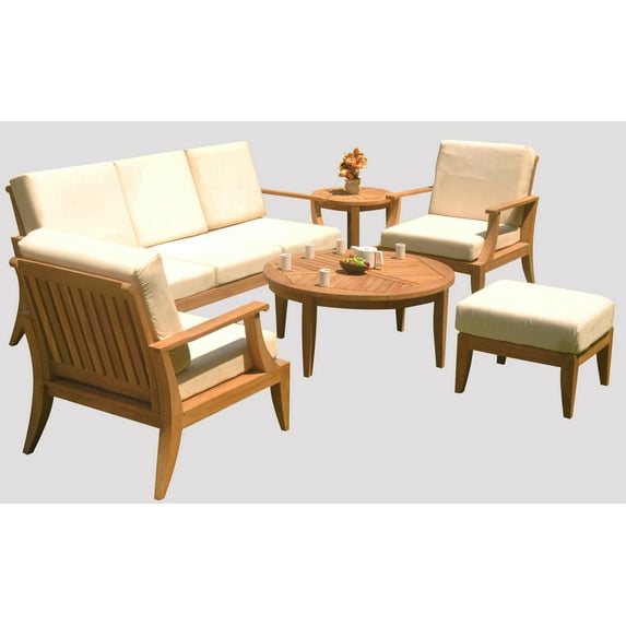 Lagos 6 Pc Sofa Set: Sofa, 2 Lounge Chairs, Ottoman, Coffee Table & Side Table With Cushions in Sunbrela Fabric #5404 Canvas Natural