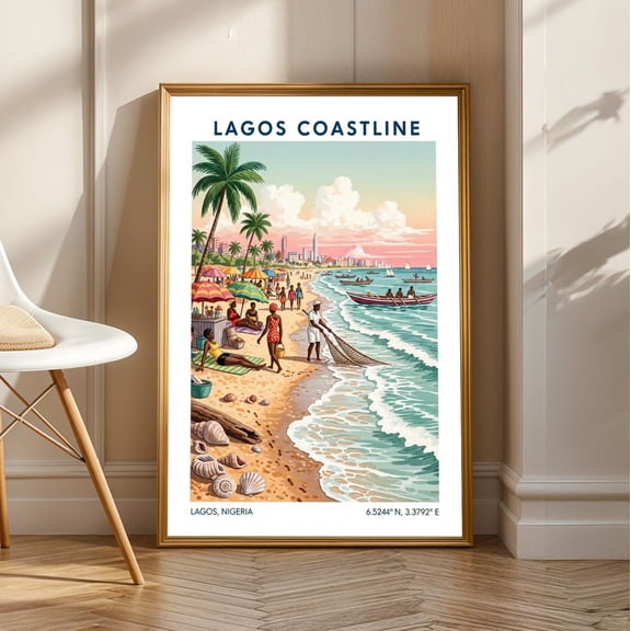 Lagos Beach Scene Poster: Vintage Gouache Tropical Travel Art, Unframed Poster Size 24x36