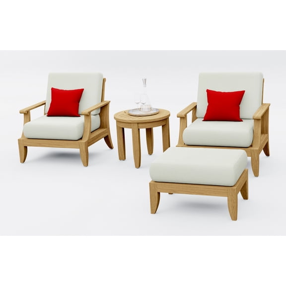 Lagos Teak Wood 4 Pc Lounge Chair Set: 2 Lounge Chairs, Ottoman & Round Side Table With Cushions in Outdoor Sunbrella Fabric #5404 Canvas Natural