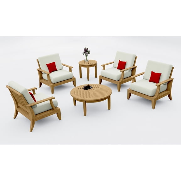 Lagos Teak Wood 6 Pc Lounge Chair Set: 4 Lounge Chairs, Round Coffee Table & Round Side Table With Cushions in Outdoor Sunbrella Fabric #5404 Canvas Natural