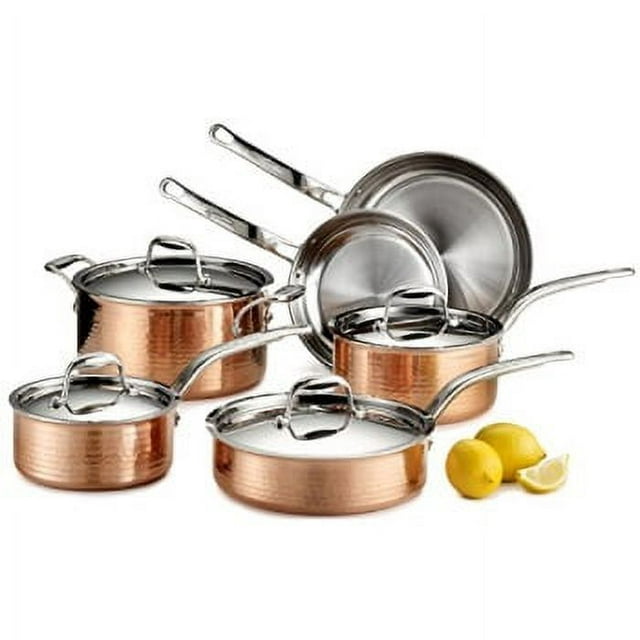 Lagostina Martellata Hammered Copper Cookware Set 10 Piece Copper and Silver 10-Piece Copper Set with SS Lid Set