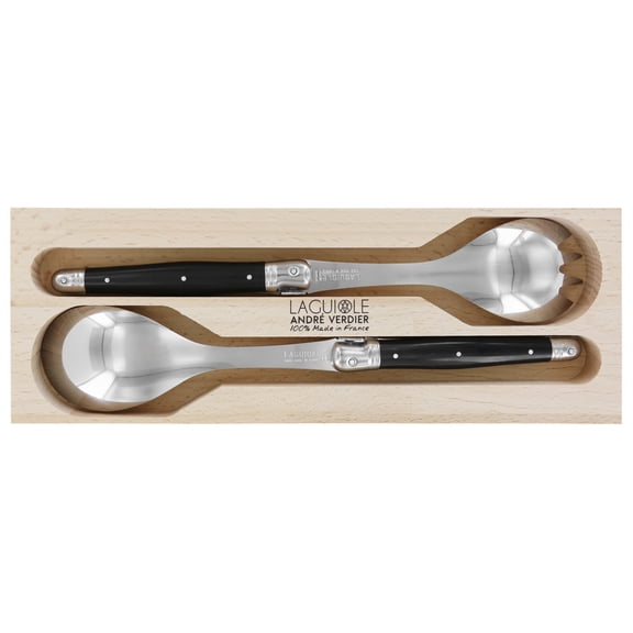Laguiole Andre Verdier 2-Piece Salad Servers Debutant Stainless Steel Blade and Black Handle