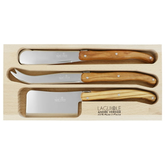Laguiole Andre Verdier Cheese Knives 3-Piece Set Sandwich Knife, Cleaver, Large Cheese Knife "Debutant Country" Olivewood Handle