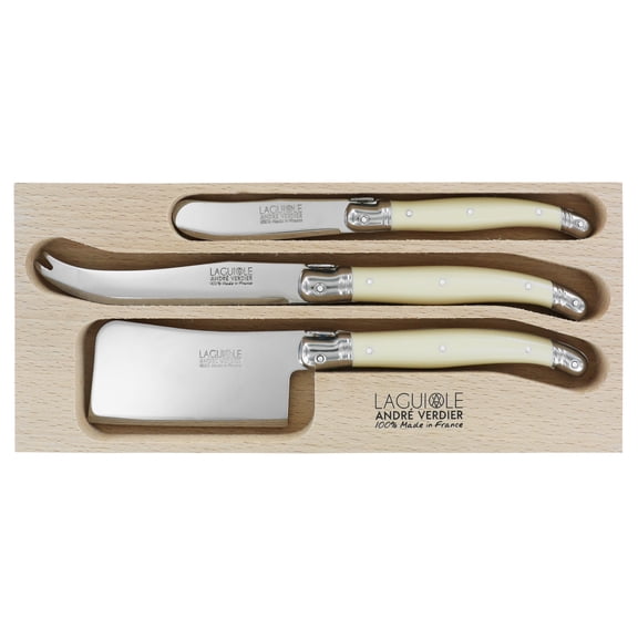 Laguiole Andre Verdier Cheese Knives 3-Piece Set Sandwich Knife, Cleaver, Large Cheese Knife Debutant Ivory